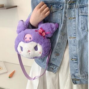 Sanrio Purple Kuromi Plush Stuffed Fluffy Handbag with Crossbody Strap